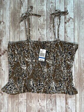 Habitual Shoulder Tie Shirred Smocked Top sz XL Brown Black White Linen Rayon